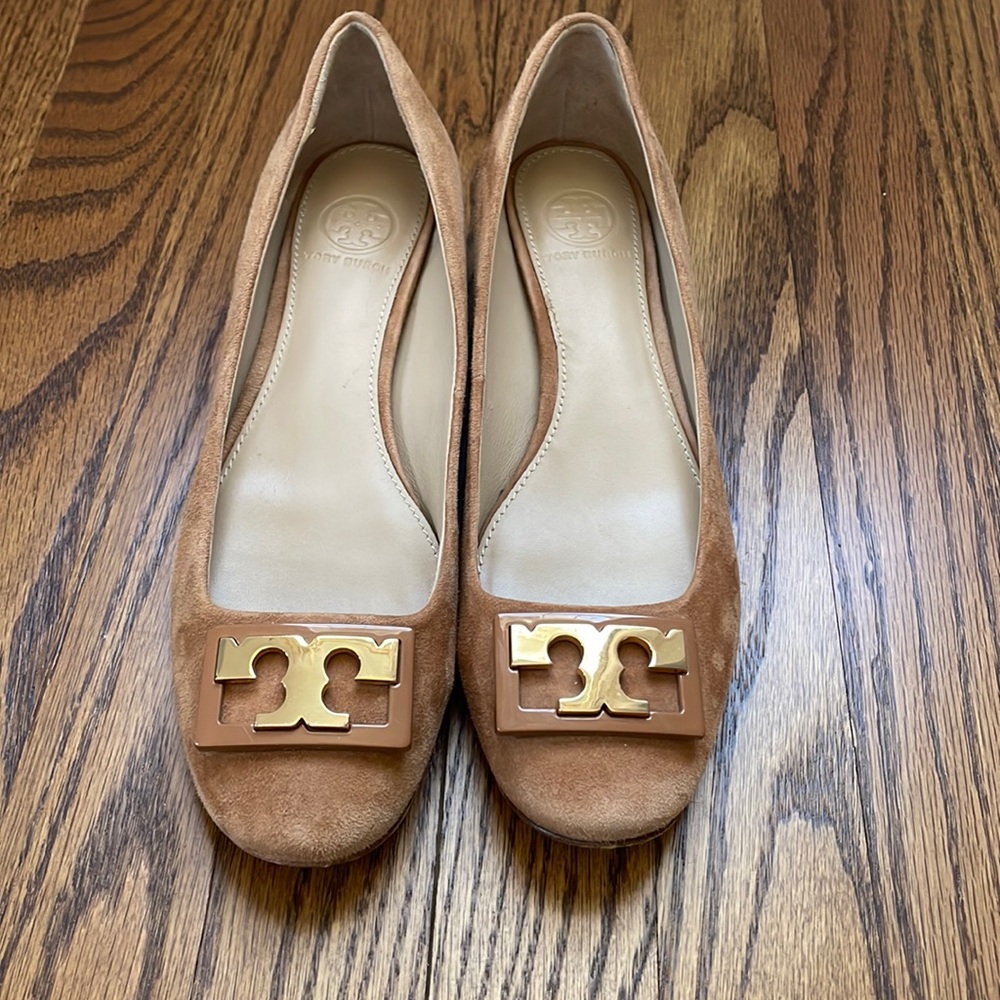 Tory Burch Tan Suede Logo Ballet Flats with Gold Hardware